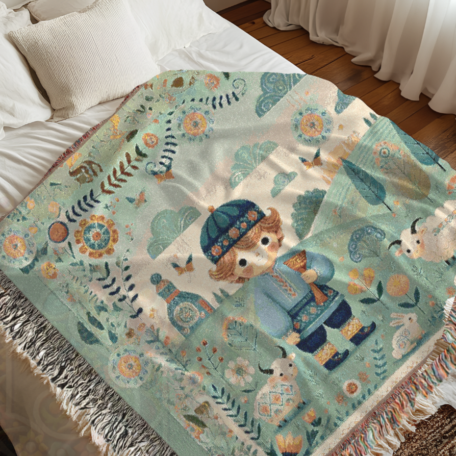 Little Boy Blue Folk Art Shepherd Woven Blanket – 100% Cotton Tapestry Throw – Cottagecore Boy with Sheep & Village Scene, Cozy Farmhouse Decor