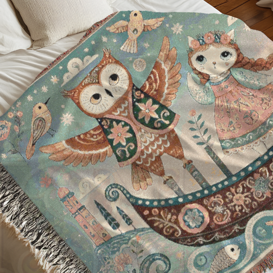 Owl & Pussycat Folk Art Woven Blanket, 100% Cotton Tapestry – Whimsical Storybook Throw, Boho Light Cottagecore Decor, Unique Gift for Dreamers