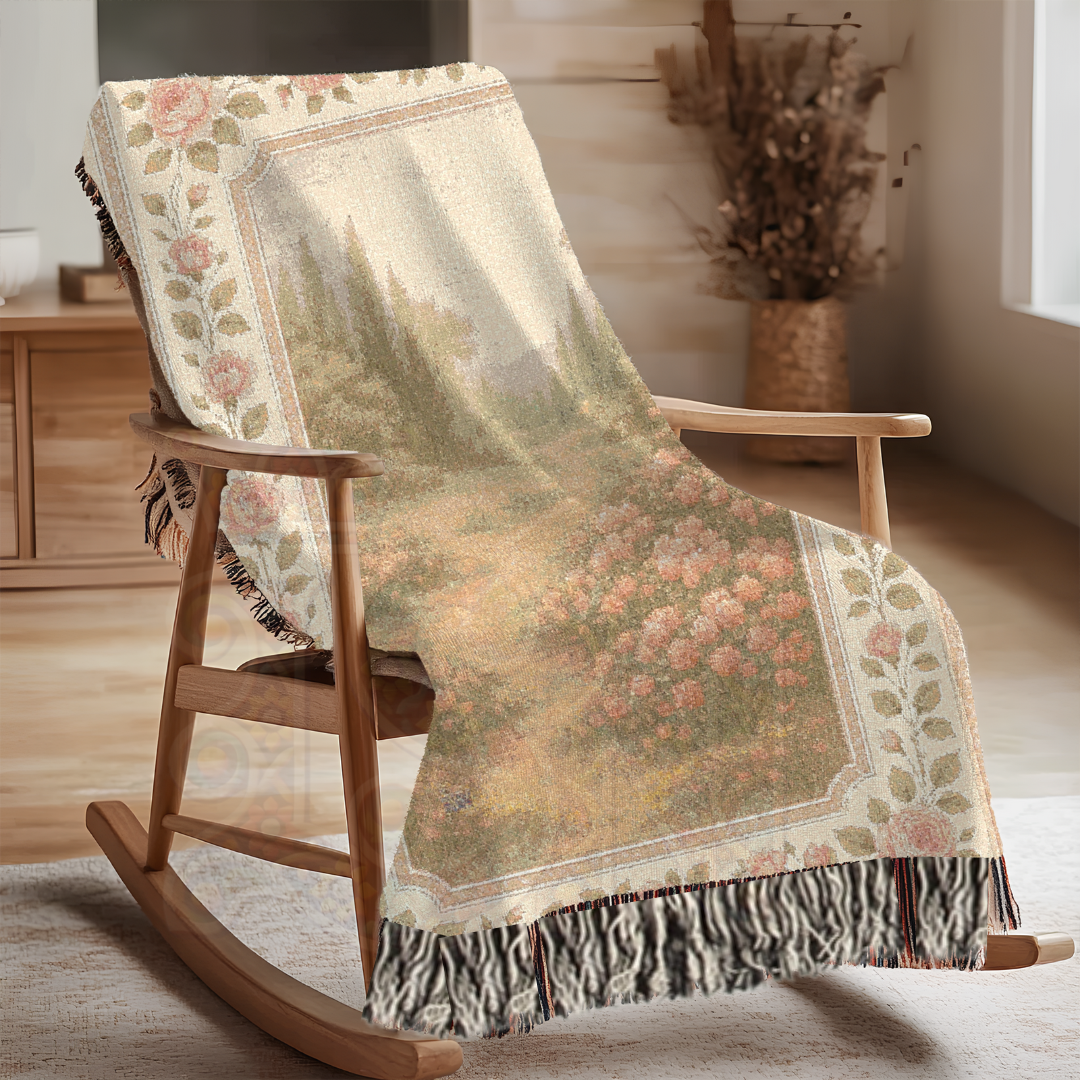 Whispering Rose Path – Fairycore Woven Blanket with Garden Path and Blooming Roses