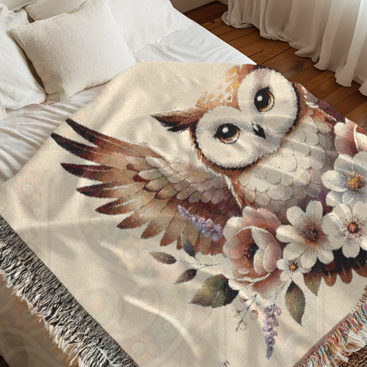 Boho Floral Owl Woven Blanket in White– Soft 100% Cotton Throw, Nature-Inspired Cottagecore Decor, Cozy Gift