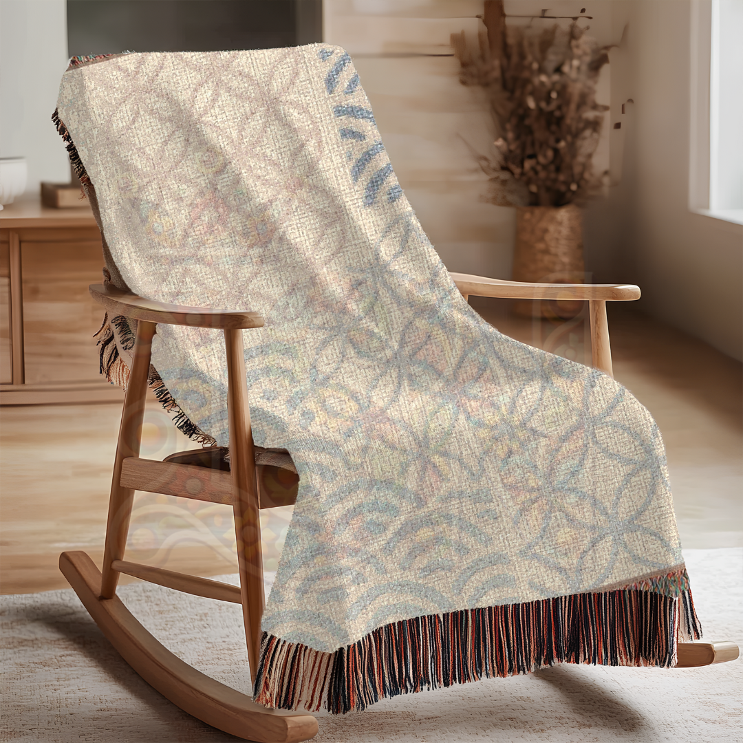 Heritage Tile Block Folk Art Woven Blanket Inspired by Japanese Motifs – Classic Blue Tile Pattern Throw, Decorative Folk Art Home Accent