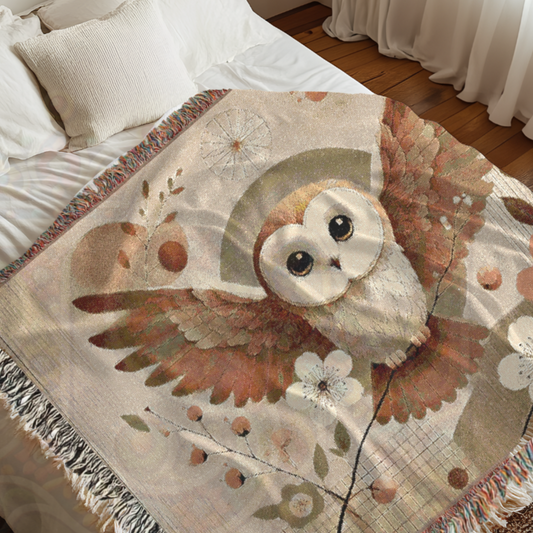 Barn Owl Woven Blanket – Cozy Boho Nature Throw, 100% Cotton, Soft Rustic Decor, Gift for Bird Lovers & Dreamers