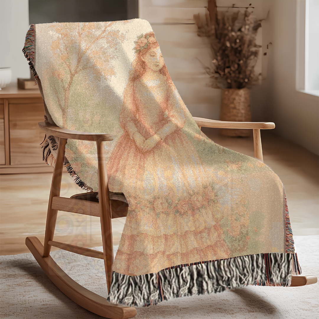 Dreaming Fairy Maiden – Fairycore Woven Blanket with Soft Pastel Floral Garden