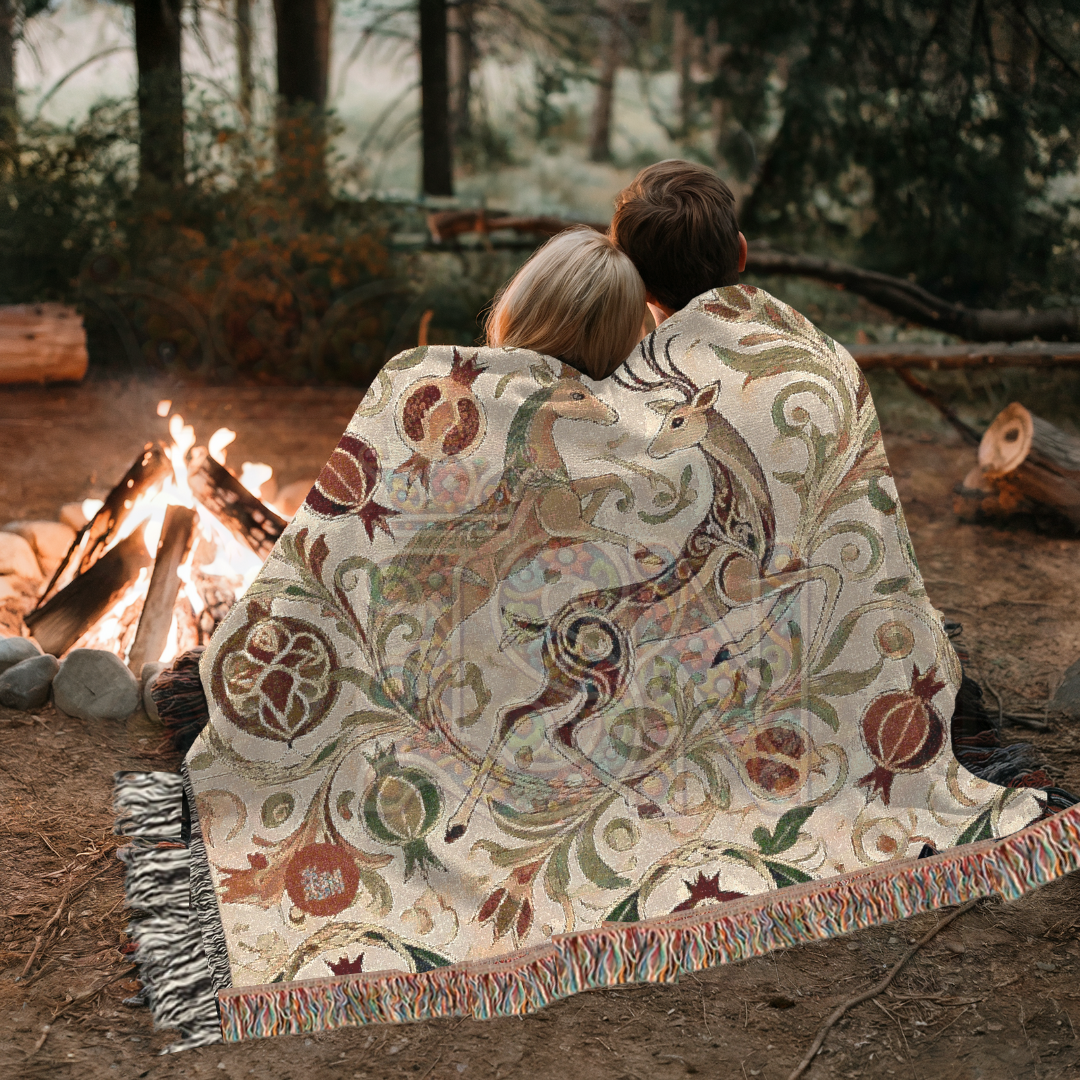 Regal Dance Crowned Stags & Pomegranates Woven Blanket – Noble Nature-Inspired Throw, Elegant Gift for Art Lovers