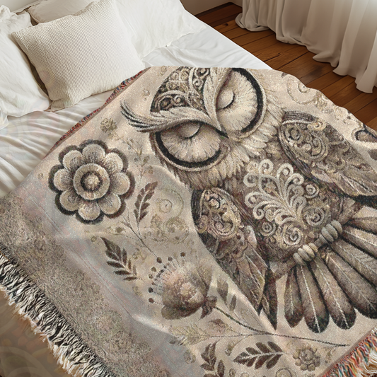Boho Sleeping Owl Woven Blanket - 100% Cotton Throw, Rustic Woodland Tapestry, Vintage Folk Art Decor, Cozy Neutral Tones, Nature-Inspired Aesthetic