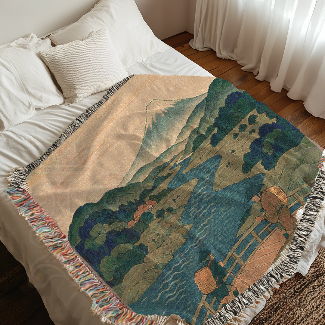 Bridge to the Mountain – Japanese Ukiyo-e Style Woven Blanket with River and Travelers