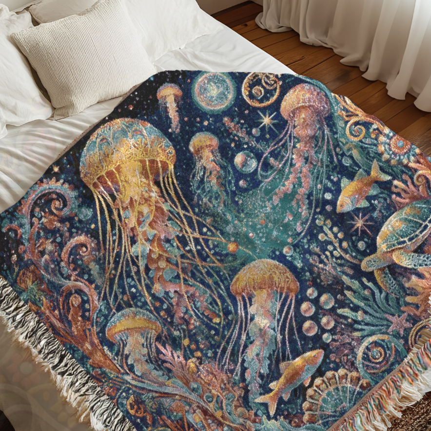 Jellyfish Dreamscape Mystical Ocean Life Woven Blanket – Serene Coastal Decor, Marine Gift for Nature Enthusiasts