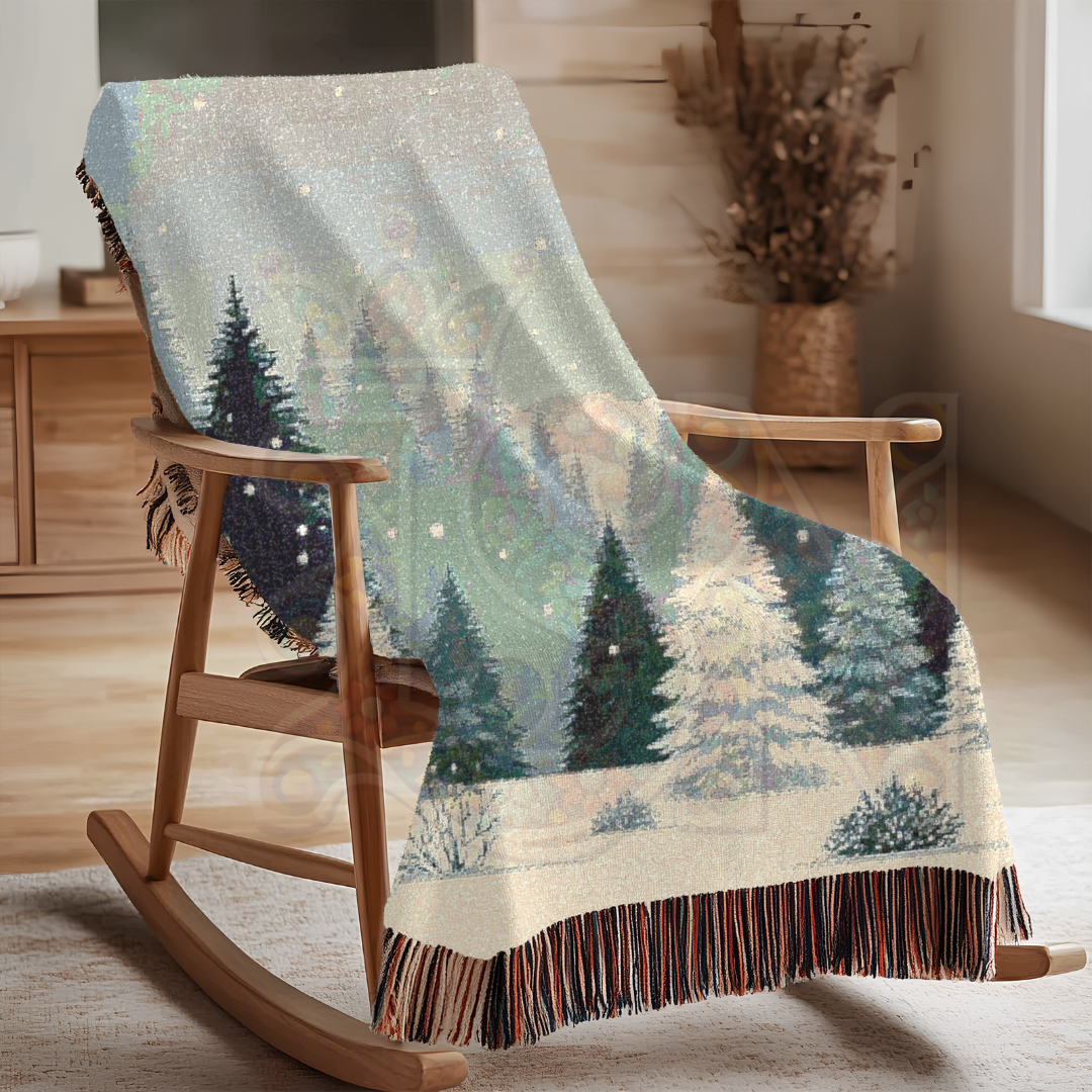 Snowy Forest Winter Woven Blanket – Cozy Snow-Covered Pines Tapestry Throw, Serene Nordic Winter Landscape for Home Decor