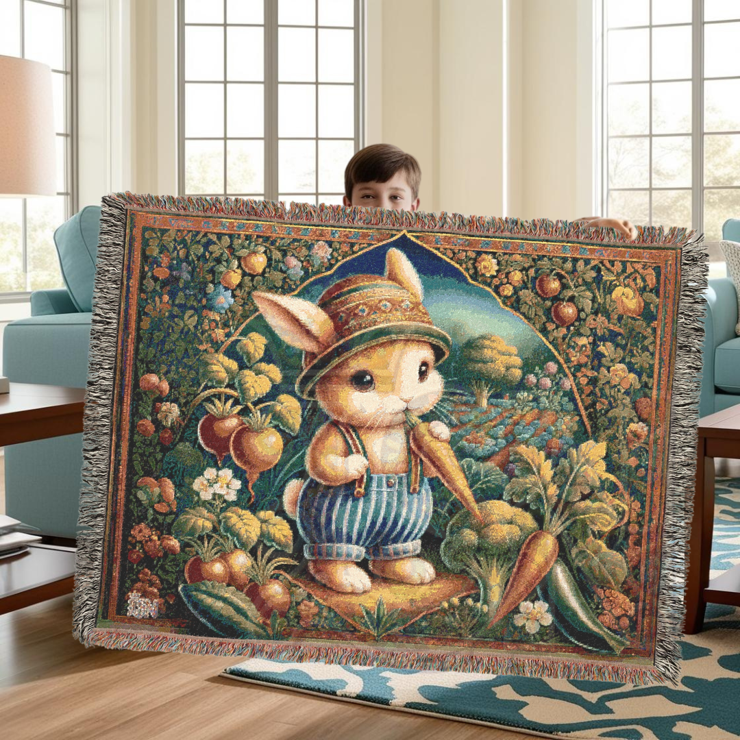 100% Cotton Woven Blanket - Male Bunny Eating Carrot Garden Patch