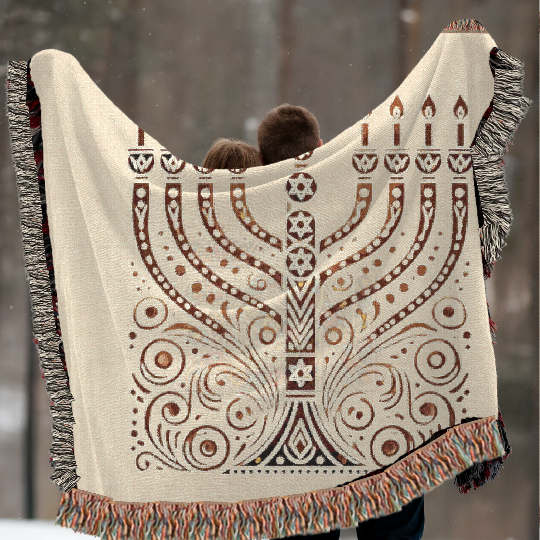 Radiant Menorah Folk Art Woven Blanket – Hanukkah Symbol of Light & Tradition Throw