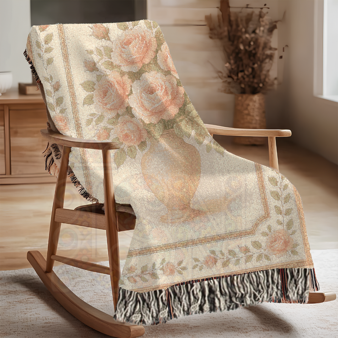 Rose Vase Reverie Fairycore Woven Blanket – Vintage Floral Throw