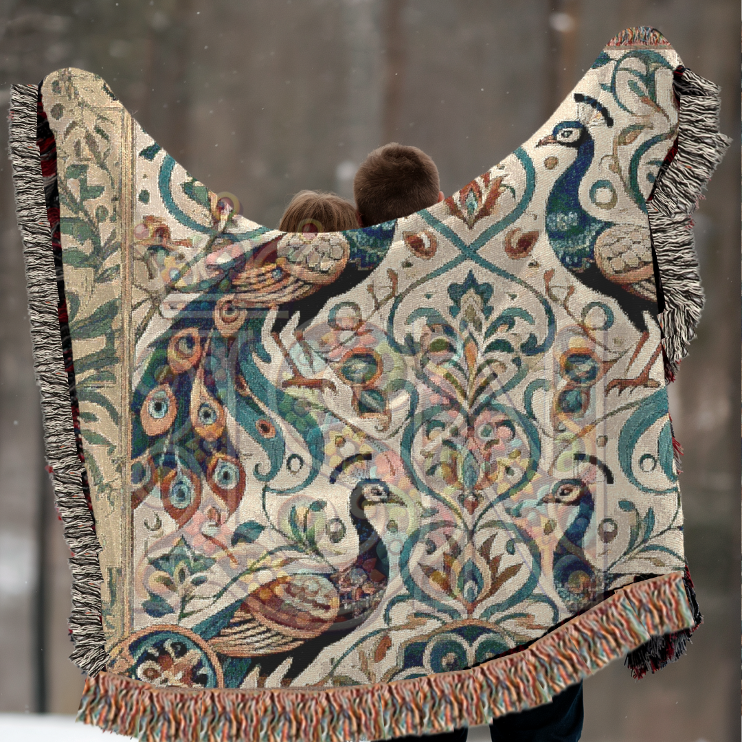Elegant Peacock Pair Folk Art Woven Blanket – Timeless Beauty & Grace Throw