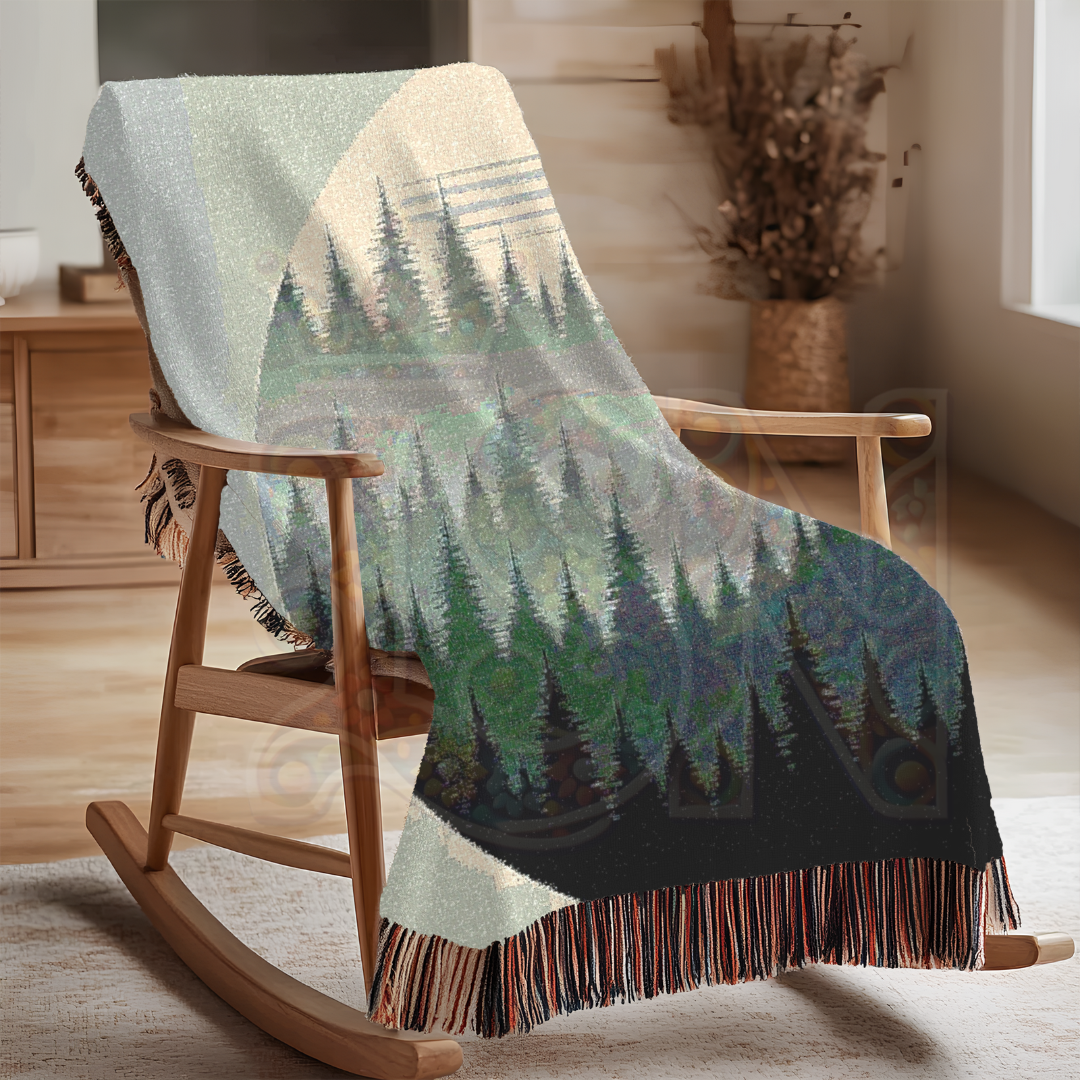Forest Circle Minimalist Woven Blanket, Layered Woodland Pines Cozy Throw, Nature Inspired Home Decor Gift