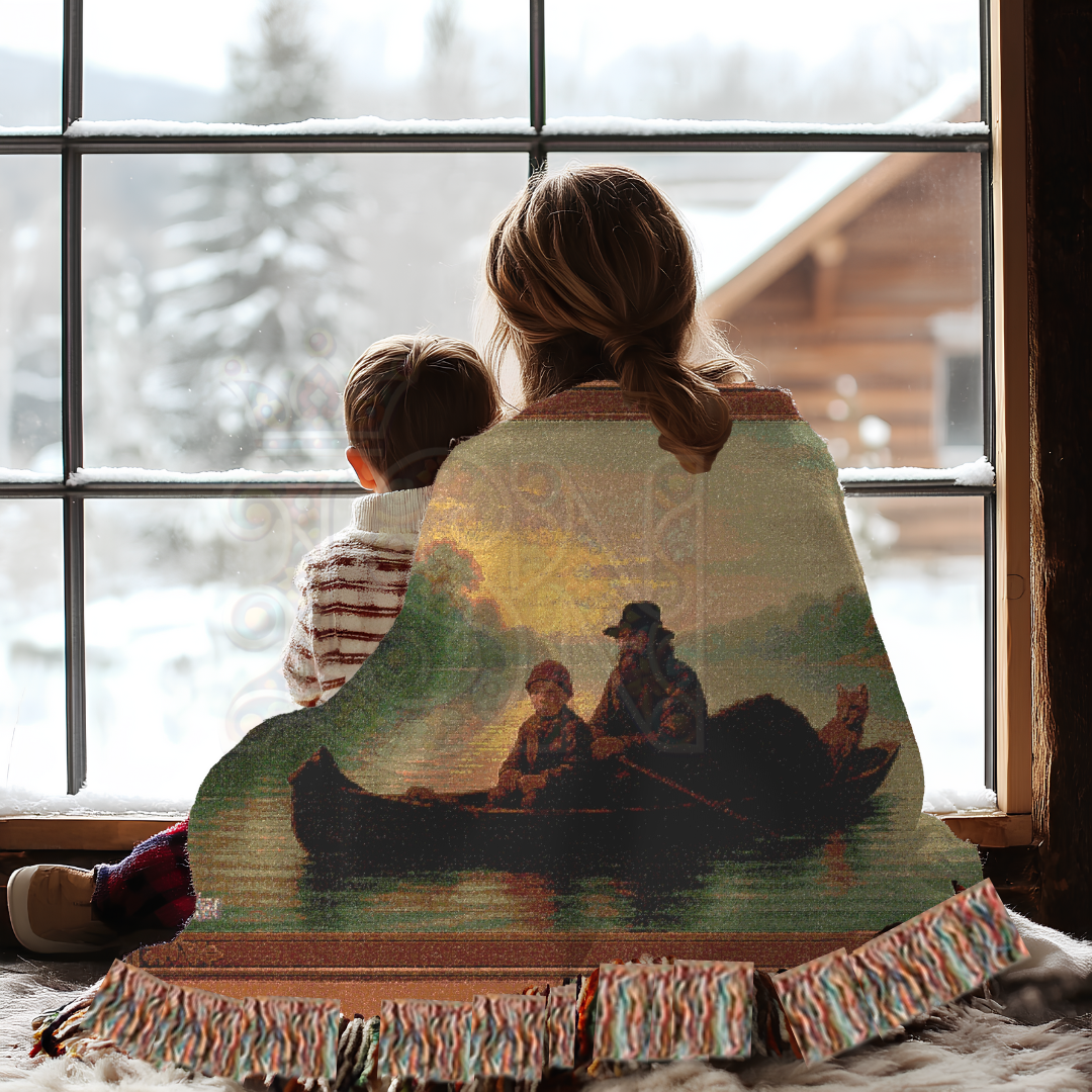 Evening Voyage – Folk Art Woven Throw Blanket with Canoe Scene