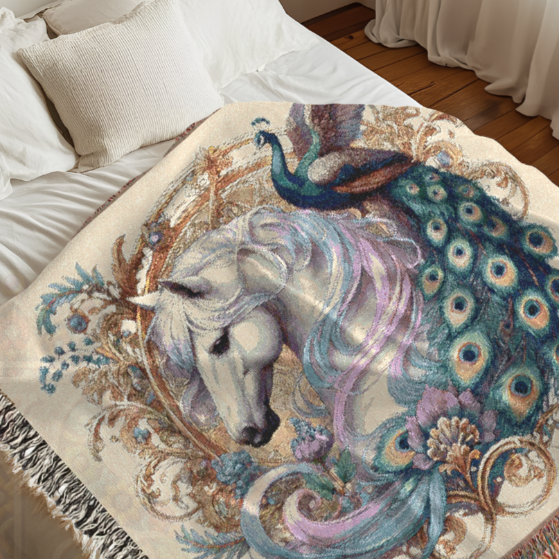 Decorative throw blanket with unicorn and peacock design on a bed.