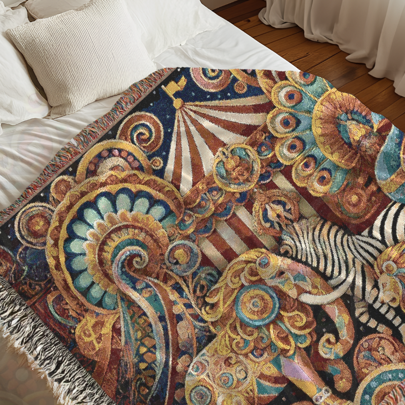 Vintage Circus Woven Blanket – Carnival-Inspired Throw, Boho Animal Tapestry, Ornate Elephant & Peacock Blanket, Whimsical Fairground Decor