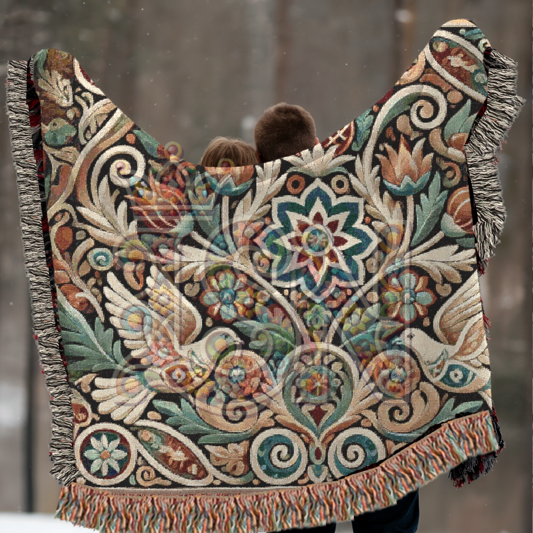 Peaceful Harmony Folk Art Dove Woven Blanket – Elegant Ornate Throw with Symbolic Doves & Garden Motifs