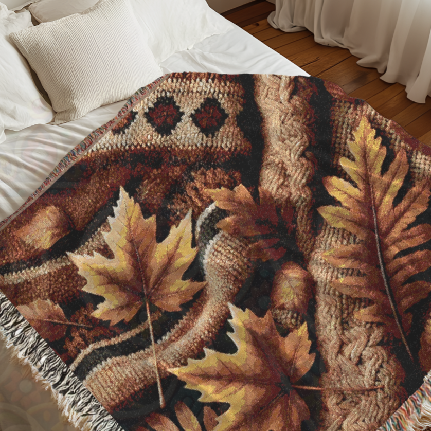Cozy Autumn Leaves Woven Blanket – Fall Foliage Tapestry Throw | Rustic Seasonal Decor for Cottagecore, Cabin & Woodland Aesthetic