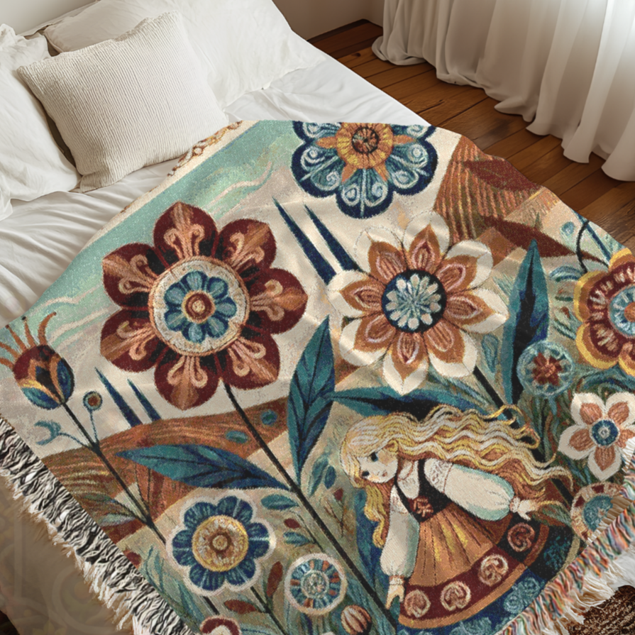 Folk Art Woven Blanket – Golden-Haired Maiden in an Enchanted Floral Field | Boho Nordic Storybook Tapestry Throw for Cozy Home Decor