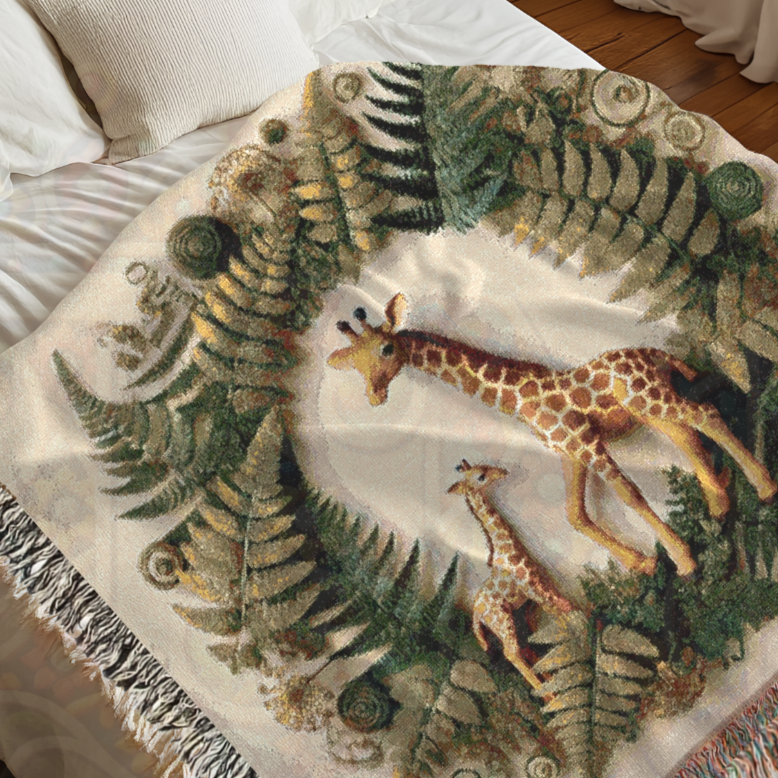 Safari Woven Blanket – Giraffe & Fern Tapestry – Botanical Jungle Throw – African Wildlife Nature Decor – Cozy Boho Safari Home Accent