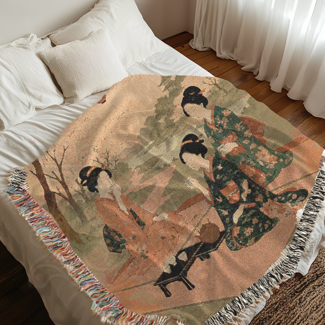 Blossom Gathering – Woven Blanket with Spring Picnic and Kimono-Clad Figures