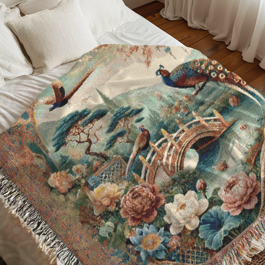 Birds in Japan Woven Blanket , 100% Cotton Throw, Elegant Japanese Garden Art, Peacock & Floral Tapestry, Luxury Boho Home Décor Accent
