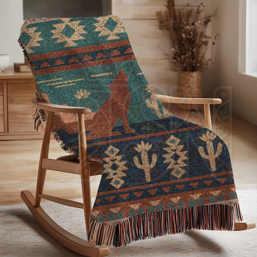 Desert Song – Southwestern Coyote & Cactus Woven Blanket with Folk Pattern