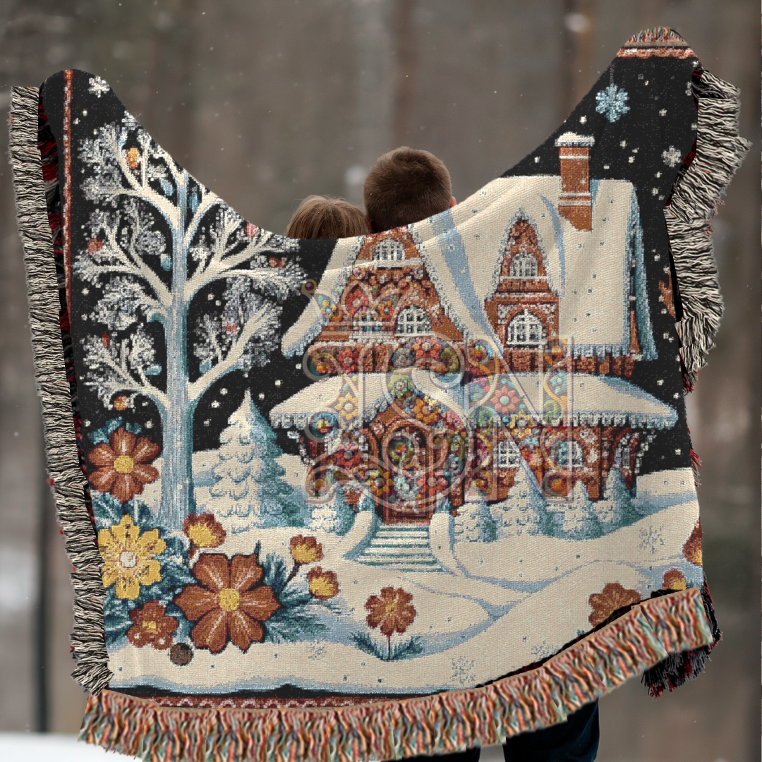 Enchanted Winter Cottage Whimsical Folk Art Snow Scene Woven Blanket – Cozy 100% Cotton Throw