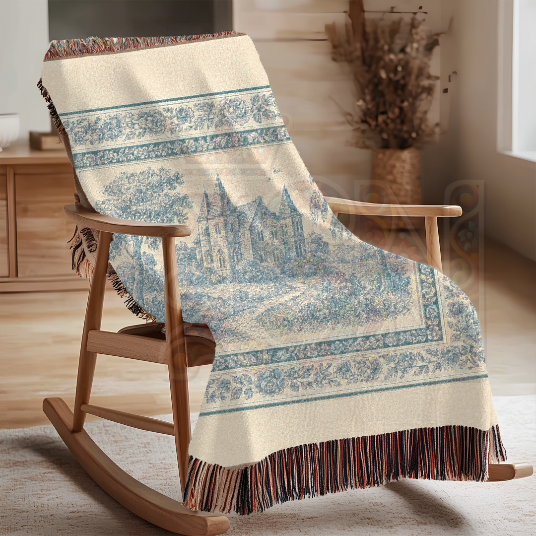 French Chateau Woven Blanket – Blue Toile Cotton Throw or Wall Tapestry with Floral Border & Manor Scene – Elegant Storybook Decor