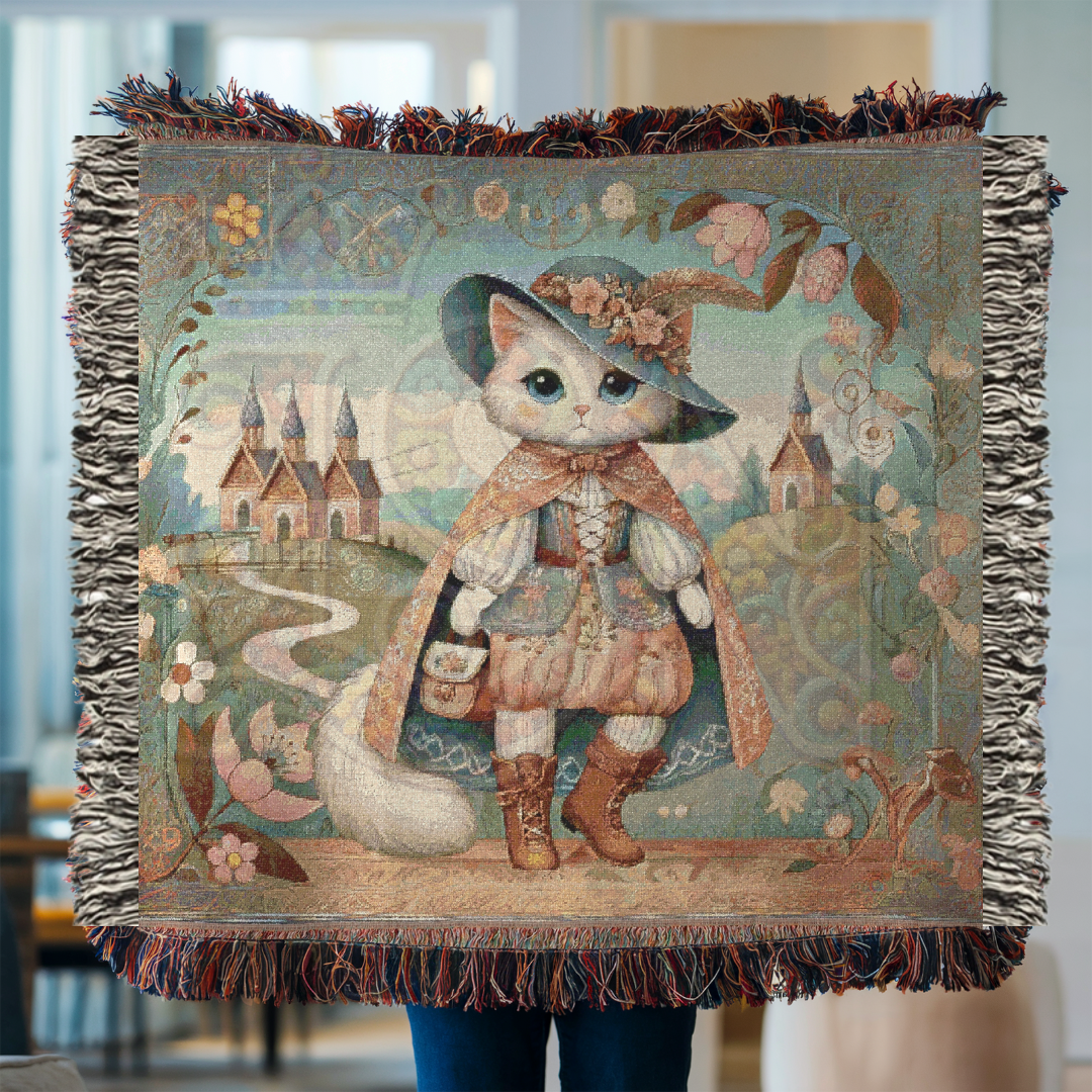 Whimsical Puss in Boots Cat Blanket – Fairytale-Inspired Tapestry Throw, Cottagecore Home Decor, Storybook Cozy Gift for Cat Lovers