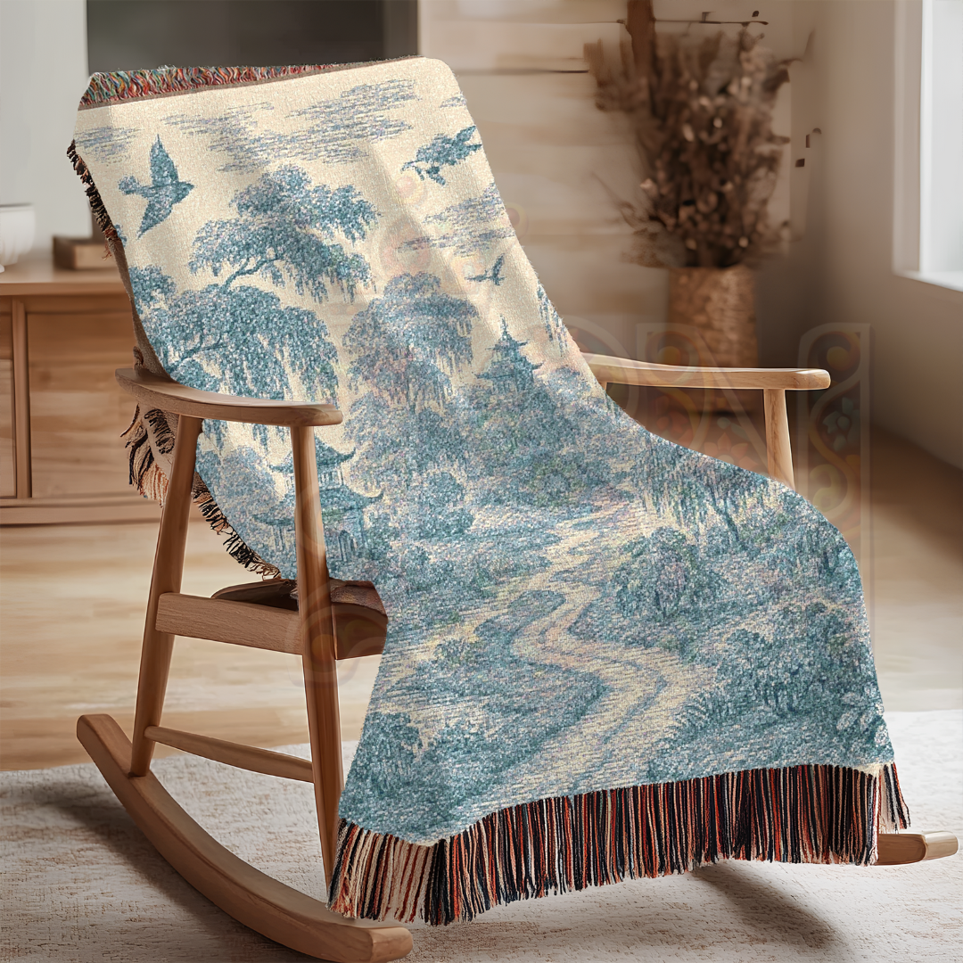 Pagoda Garden Woven Blanket – Blue Willow Landscape Tapestry Throw with Trees, Birds & Stream – 100% Cotton Calm & Serene Decor