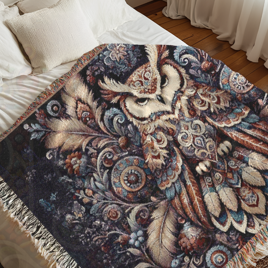 Boho Owl Woven Blanket – Forest Throw, 100% Cotton, Native American Folk-Inspired Home Decor, Cozy Woodland Gift