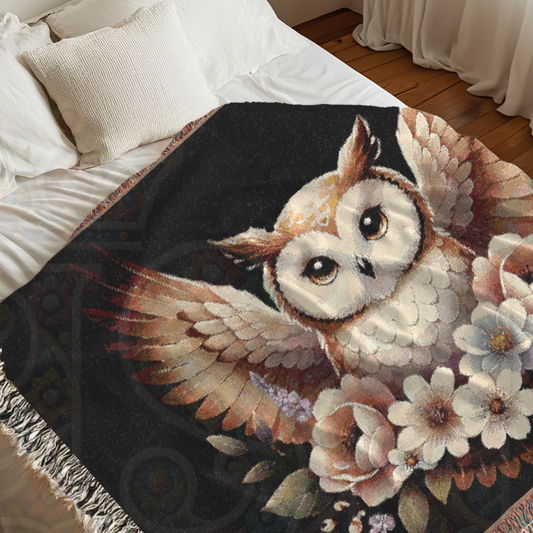 Boho Floral Owl Woven Blanket in Black– Soft 100% Cotton Throw, Nature-Inspired Cottagecore Decor, Cozy Gift