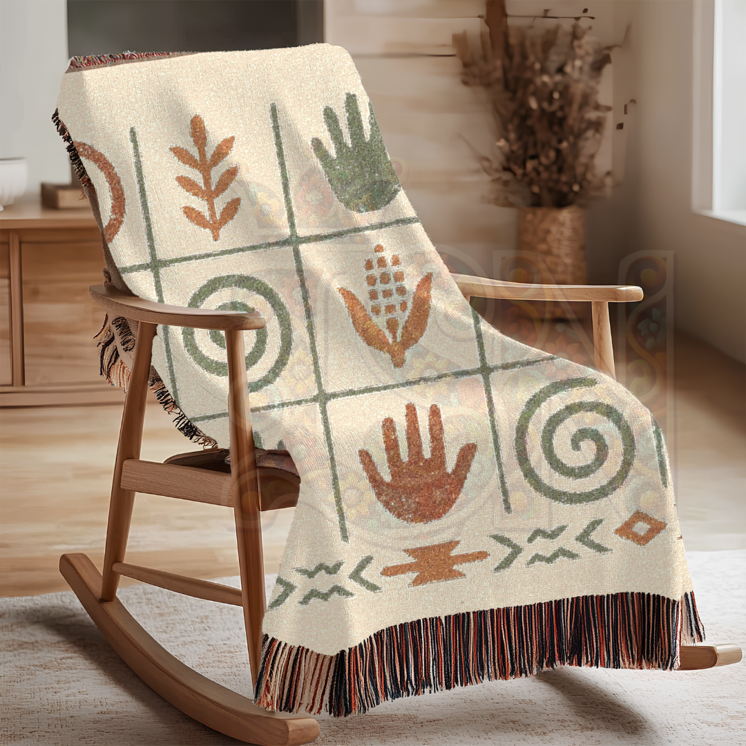 Ancient Echoes – Woven Blanket with Southwest-Inspired Hand, Spiral & Nature Symbols