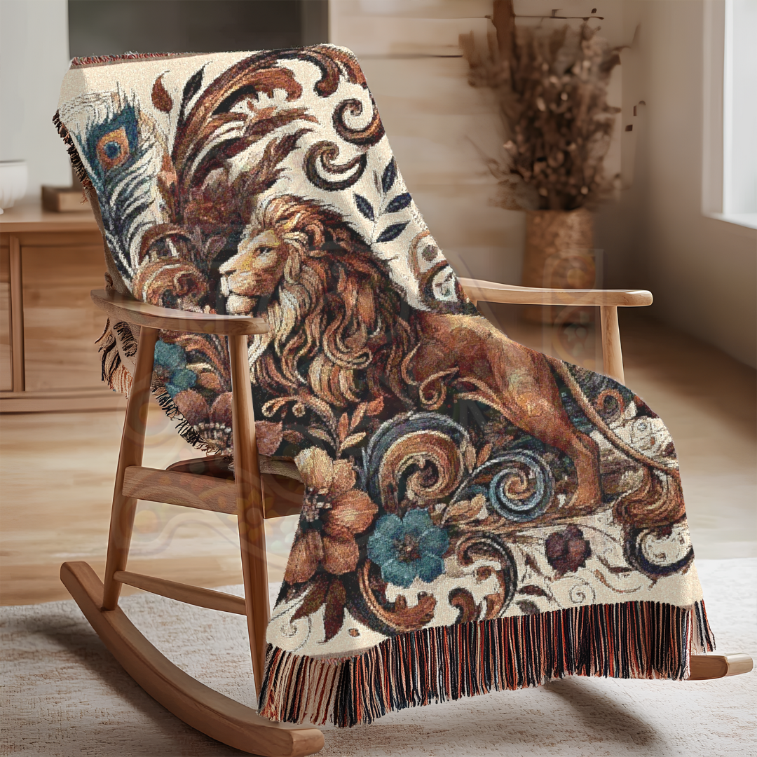 Regal Companions – Woven Blanket with Baroque Lion, Peacock & Floral Scrolls