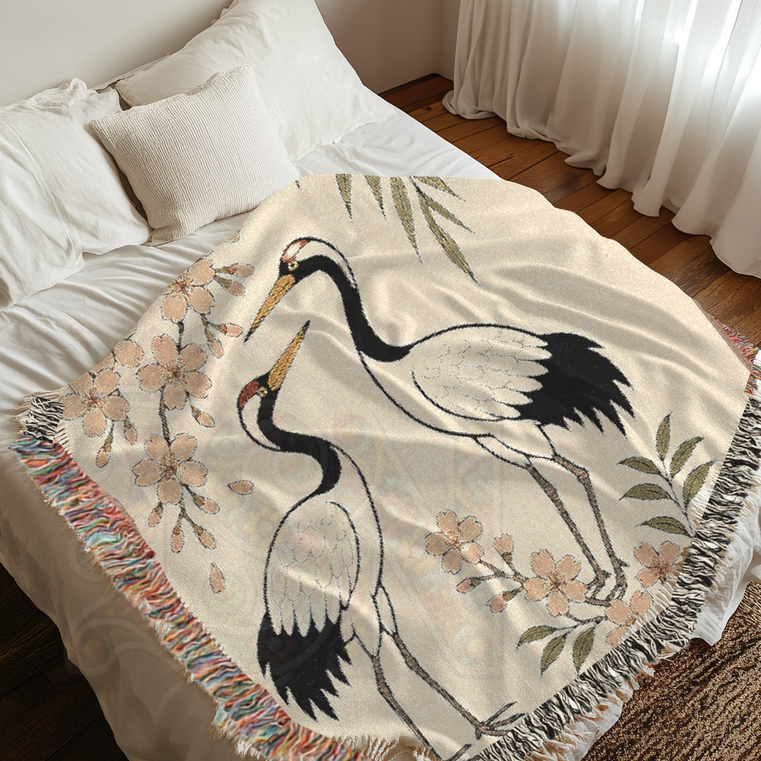 Dance of the Cranes – Woven Blanket with Folk Cranes and Cherry Blossoms