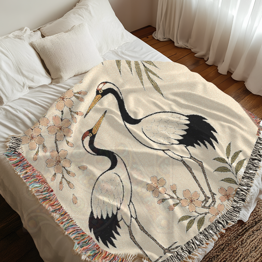 Dance of the Cranes – Woven Blanket with Folk Cranes and Cherry Blossoms