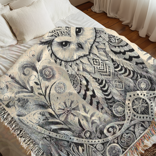 Decorative blanket with owl design on a bed