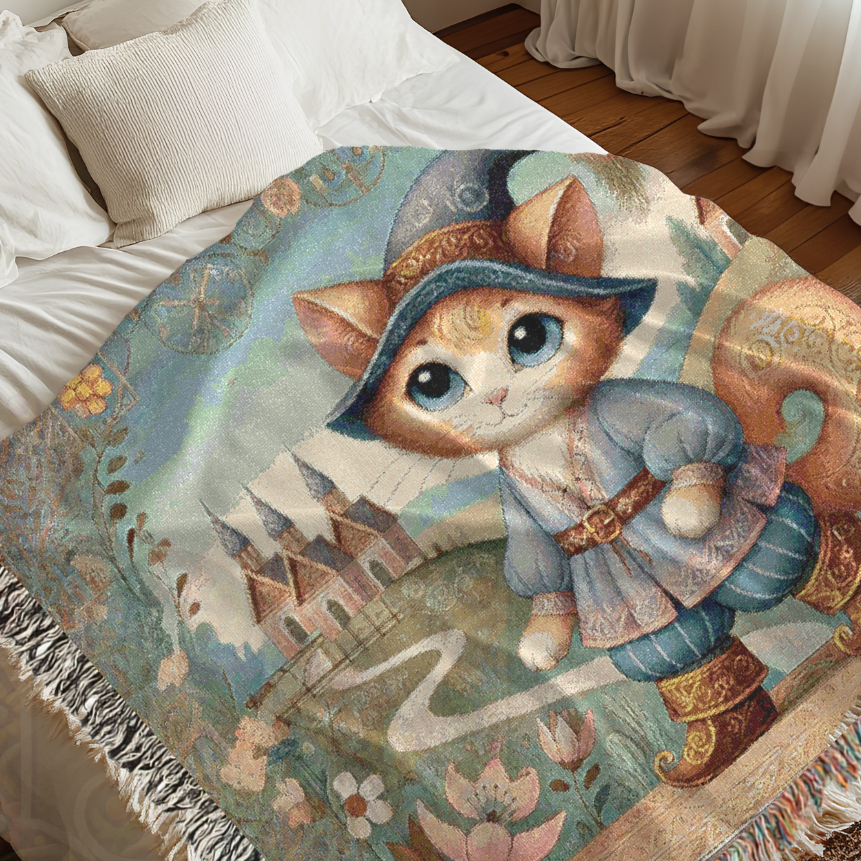 Whimsical Cat Woven Blanket – Fairytale Male Feline in Medieval Village | Cozy Storybook Tapestry Throw for Cottagecore & Boho Home Decor