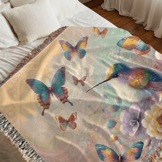 Hummingbird & Butterflies Woven Blanket – Pastel Floral Tapestry Throw for Cozy Home Decor