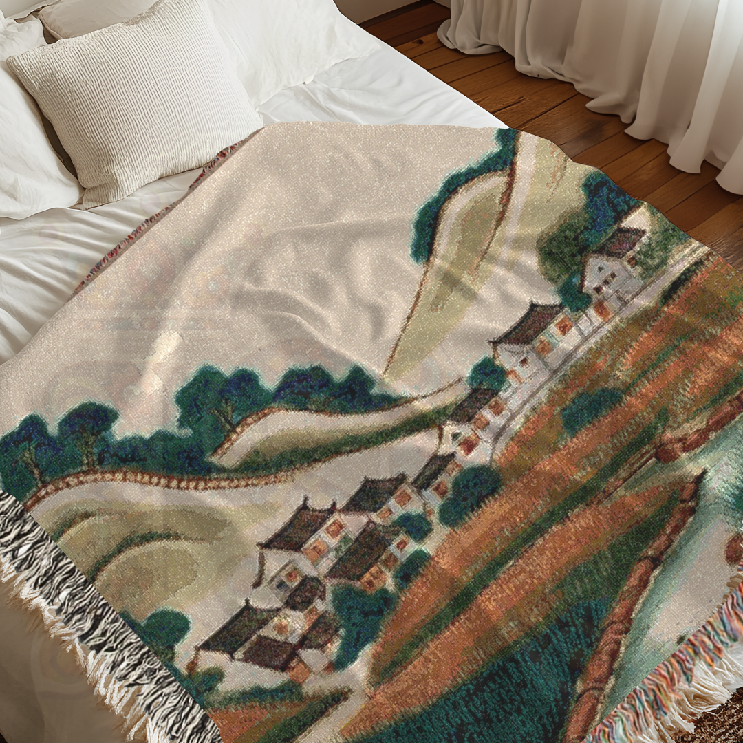 Valley of Harmony – Asian Korean Landscape Woven Blanket with Hillside Village Scene