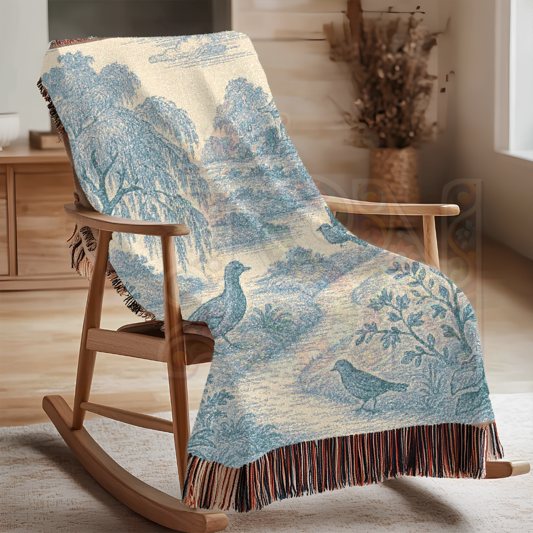 Pagoda Path Garden Woven Blanket – Blue Toile Tapestry Throw with Birds & Willow Trees – 100% Cotton Tranquil Landscape Wall Art