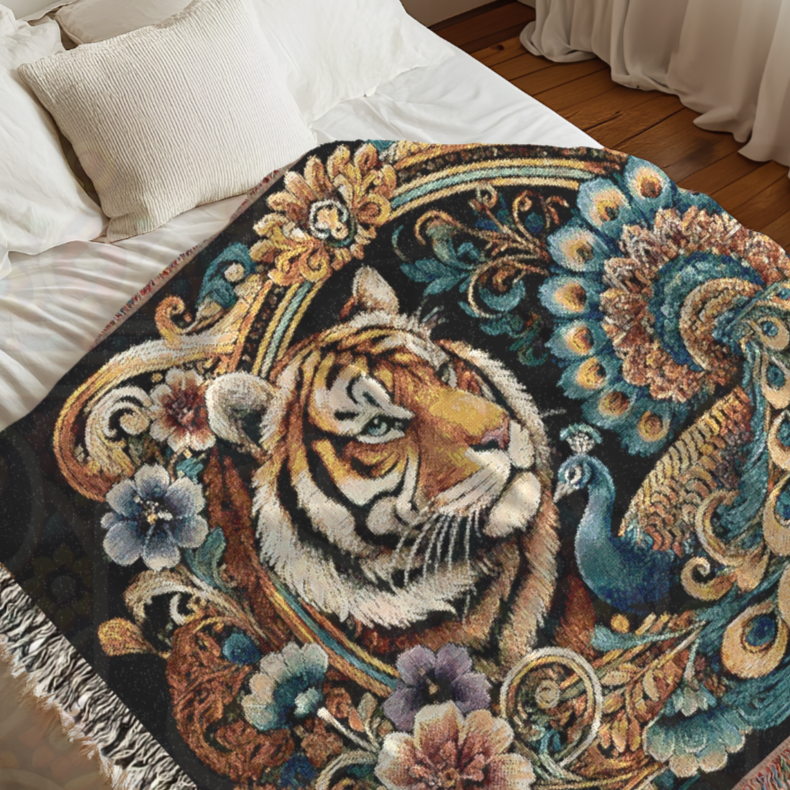 A woven blanket featuring a baroque-inspired design with a tiger and peacock, surrounded by ornate floral and golden scrollwork, draped over a bed.