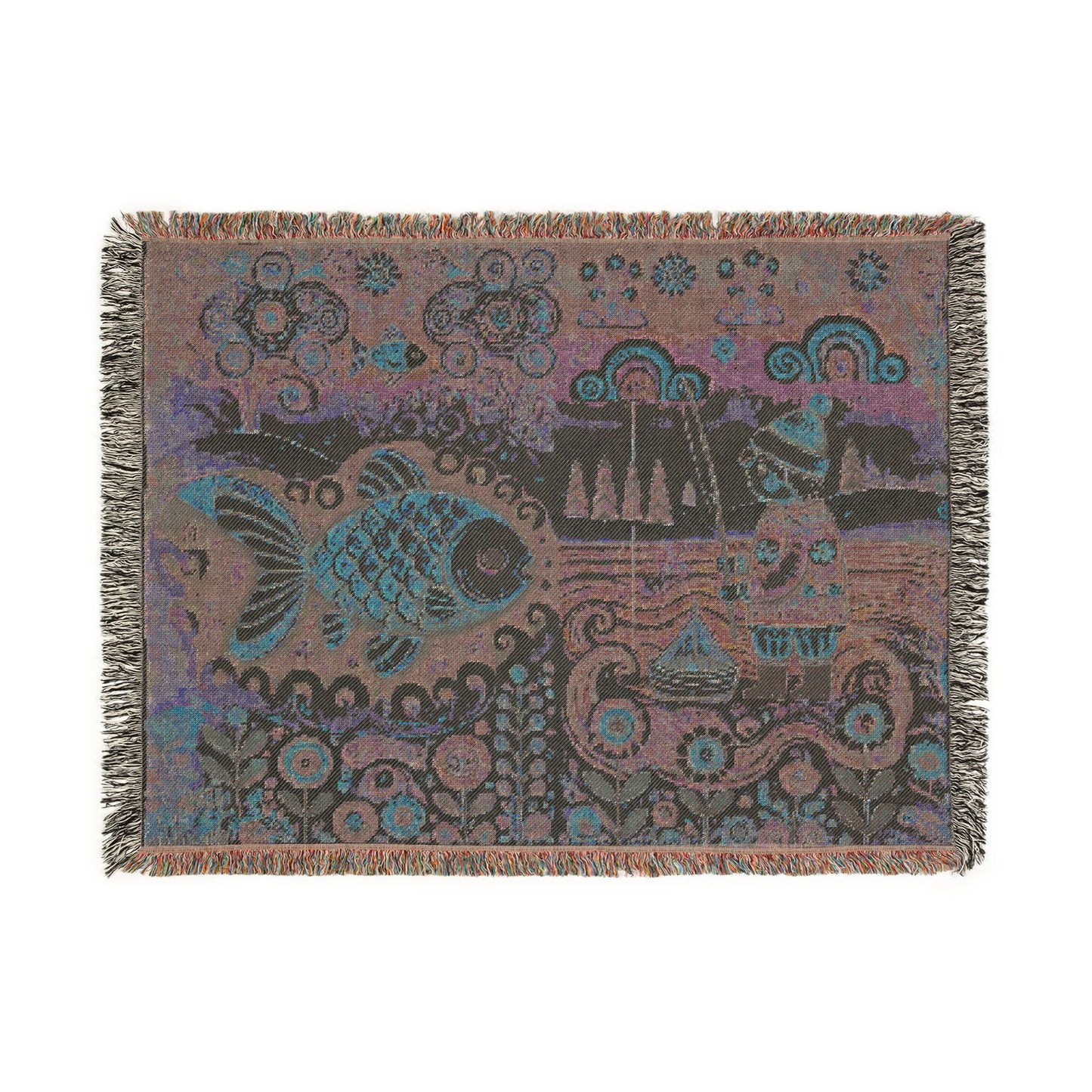 Golden Fish & Little Fisherman Woven Blanket, Folk Art Fairytale Light Tapestry – 100% Cotton Cozy Throw