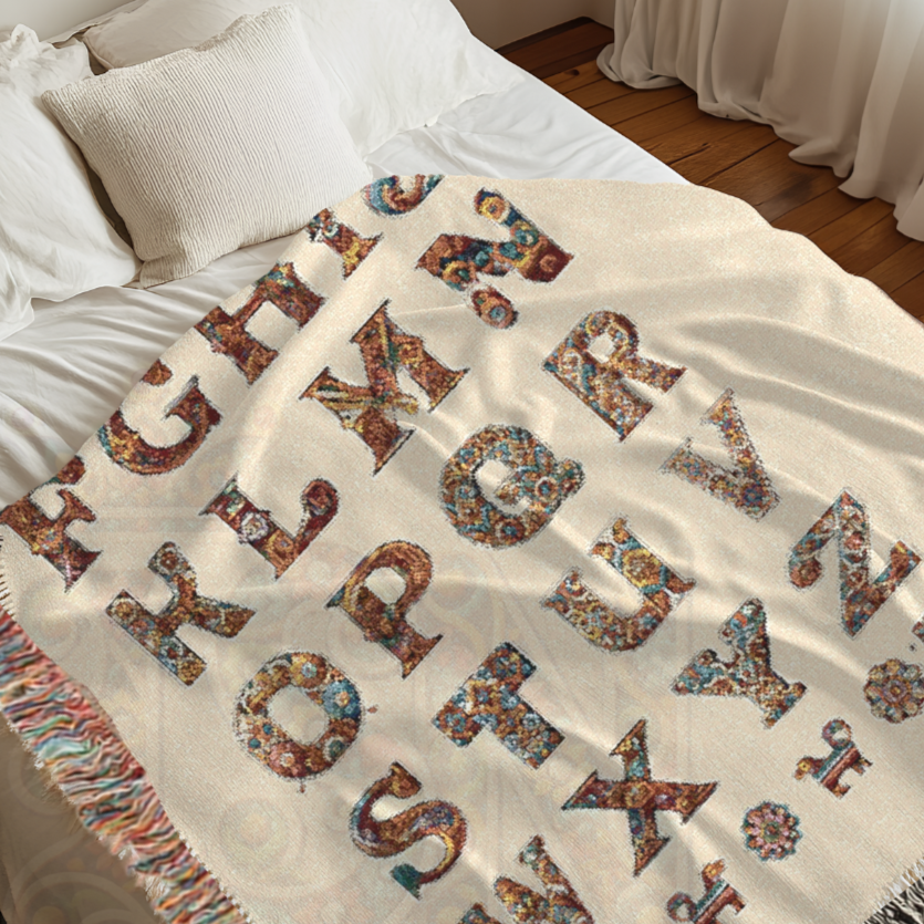 White Elegant Alphabet Woven Cotton Blanket – Bohemian Luxe Tapestry Throw