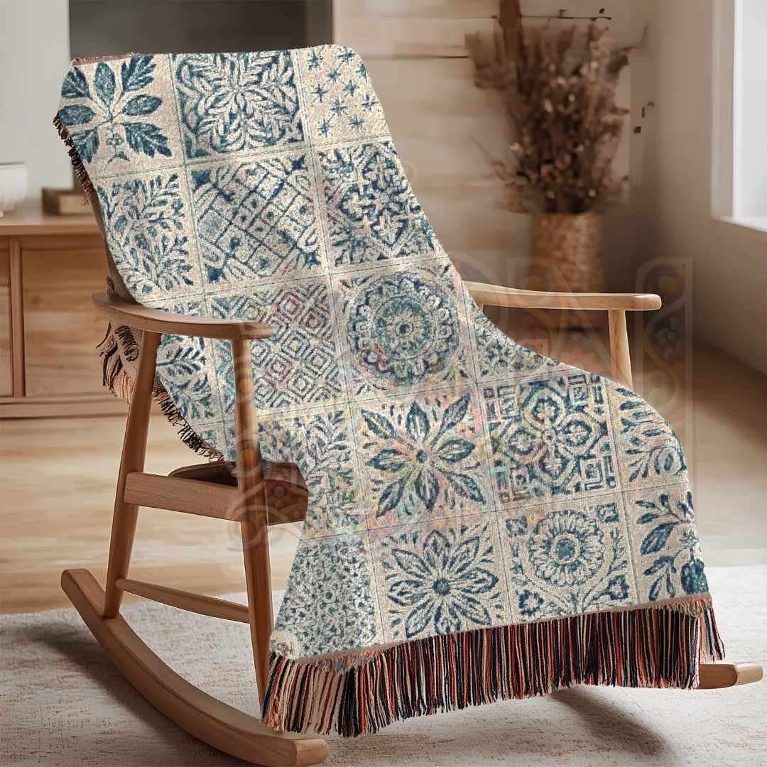 Heritage Tile Block Folk Art Woven Blanket – Classic Blue Tile Pattern Throw, Decorative Folk Art Home Accent