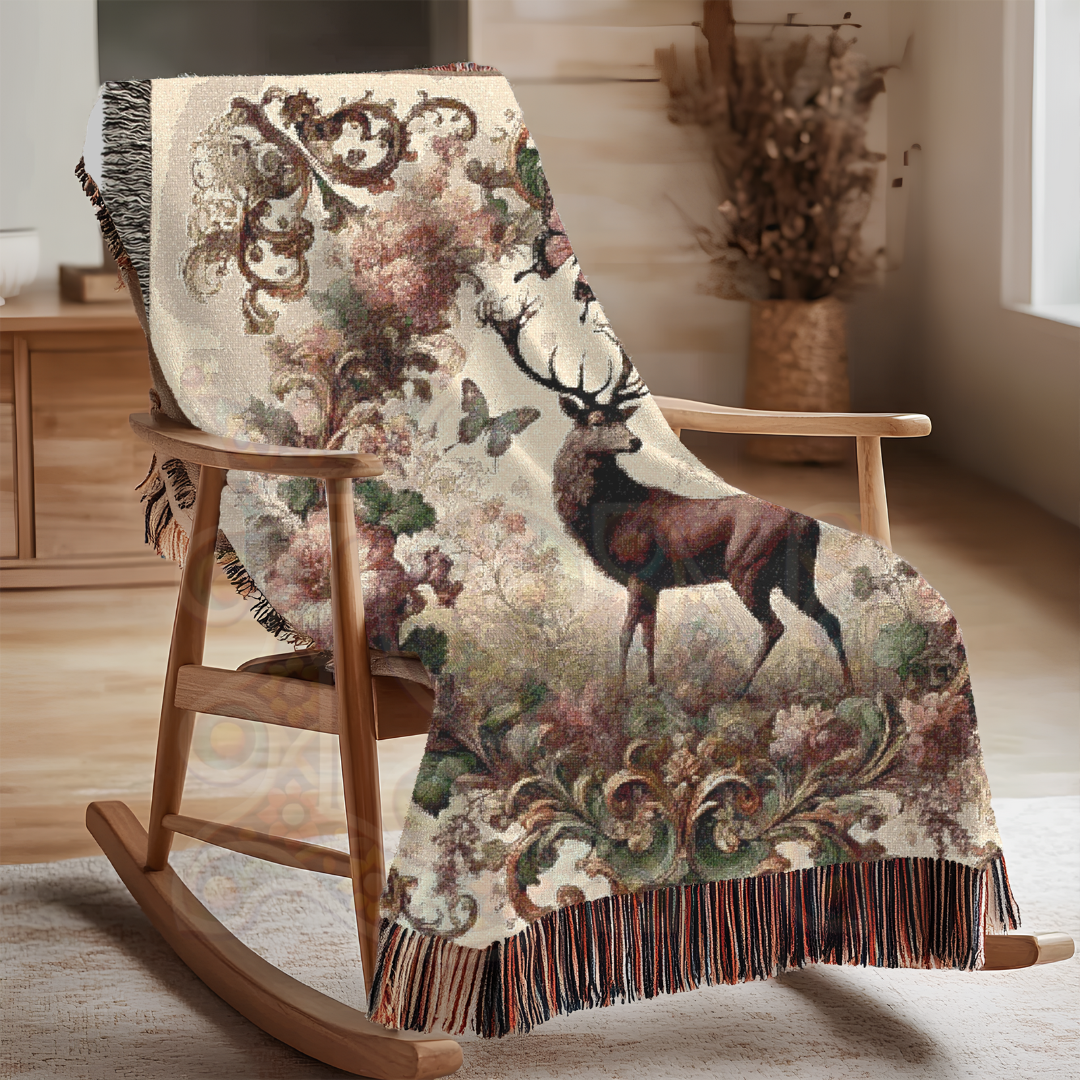 Vintage Deer Woven Blanket - 100% Cotton Throw | Regal Stag & Butterflies Tapestry | Victorian Baroque Nature Decor | Elegant Rustic Charm
