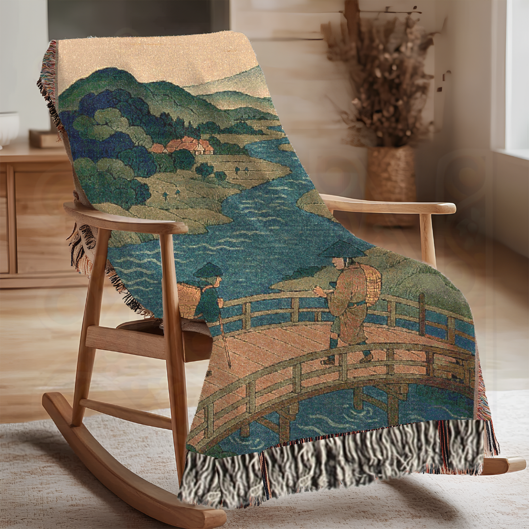 Bridge to the Mountain – Japanese Ukiyo-e Style Woven Blanket with River and Travelers