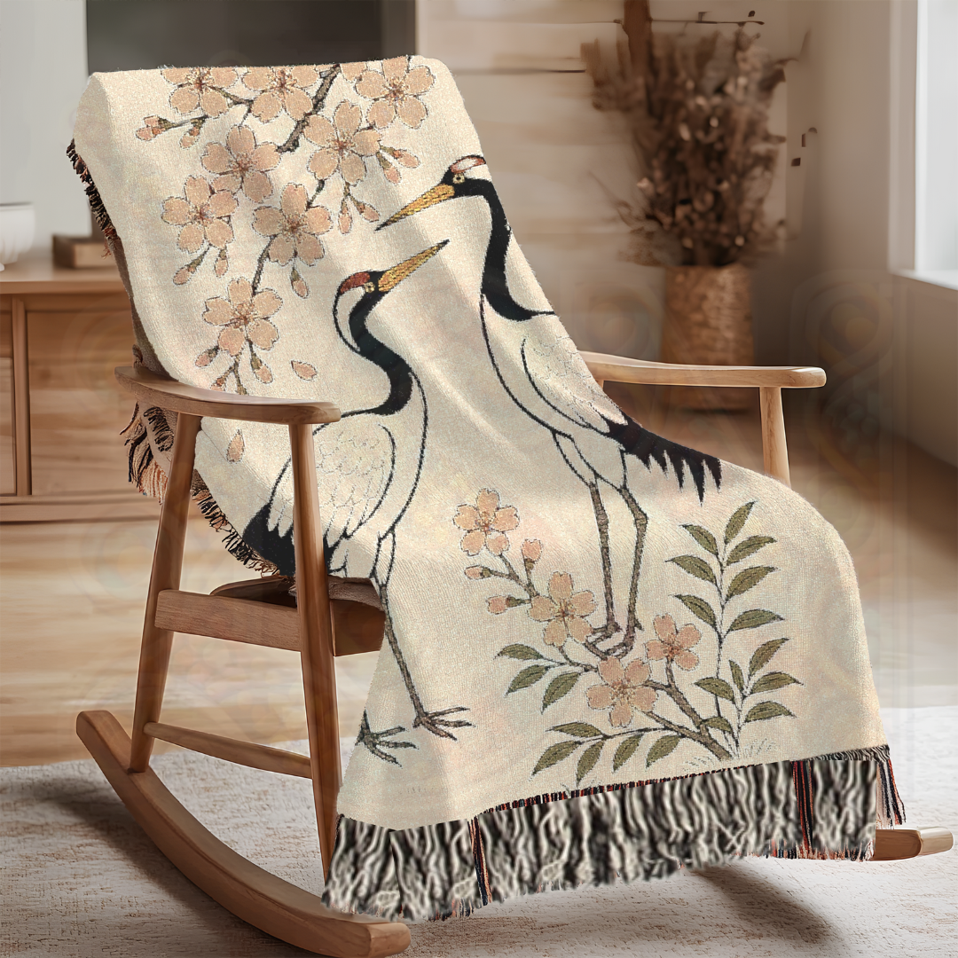 Dance of the Cranes – Woven Blanket with Folk Cranes and Cherry Blossoms