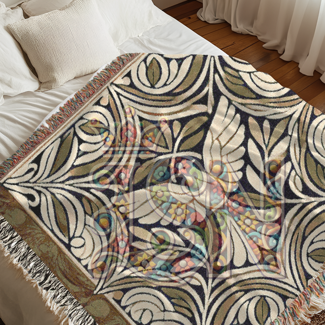 Graceful Flight Folk Art Dove Woven Blanket – Majestic Peace Symbol Throw with Ornate Nature Design